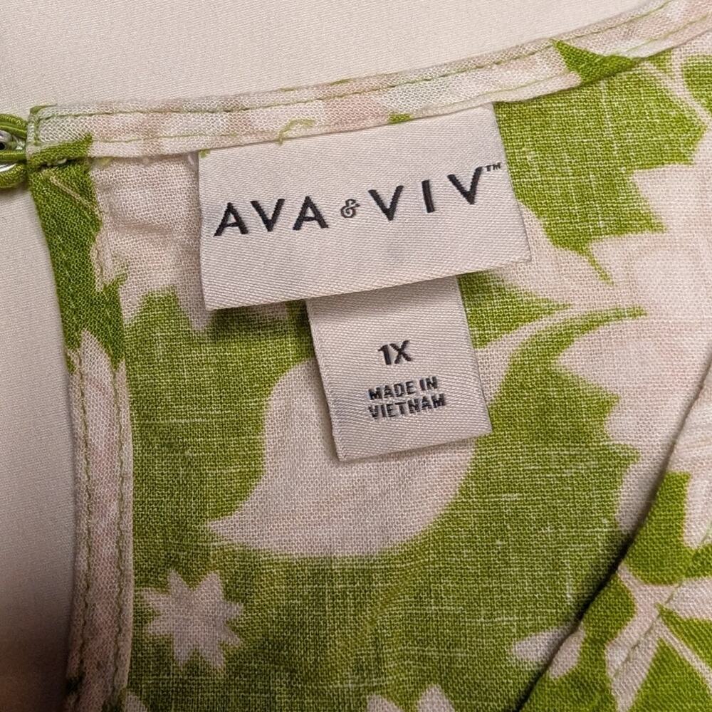 Linen Blend Floral Print Blouse Top Shirt 1X Lime Green White Cottage Feminine - Picture 3 of 9